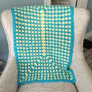 Handmade Crochet Afghan Blanket Lap Throw Yellow Turquois 38x22" Granny Core